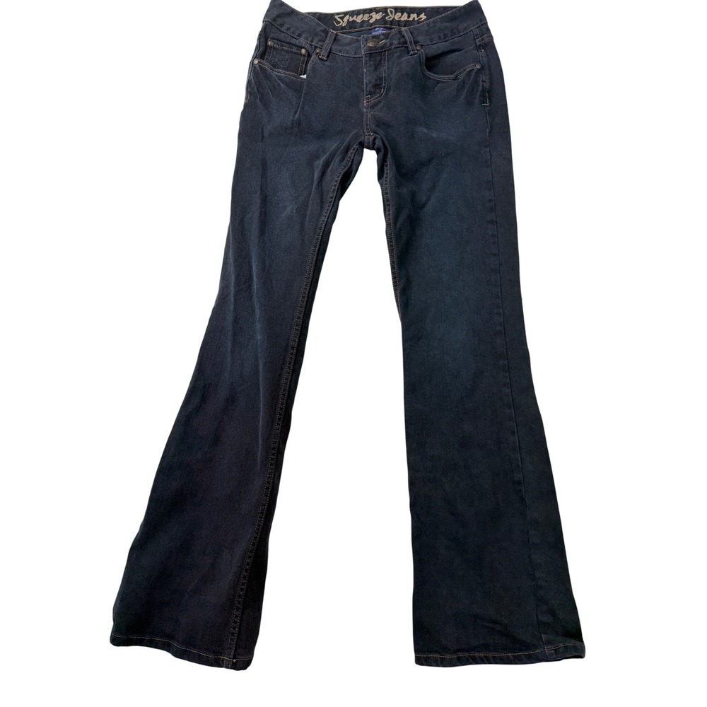 Squeeze Jeans Women Dark Wash Flare Leg Embroidered Beaded Pocket Denim Size 7/8